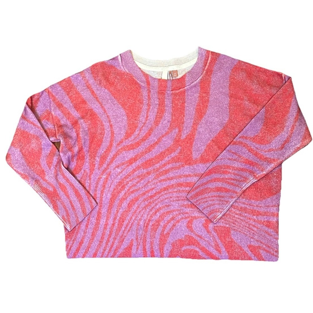 Zebra Print Sweater Pink Purple Crew Neck Pullover Knit Top